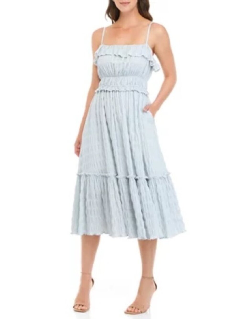 Tahari Women's Blue Ivy/White Ruffled Tiered Midi Sundress Size XS